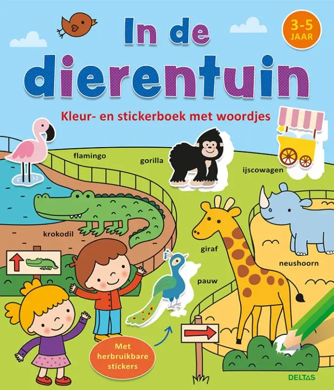 Kleur-en stickerboek met woordjes - In de dierentuin / 3-5 jaar