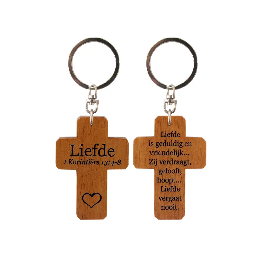 Sleutelhanger kruis hout Liefde 1 kor 13