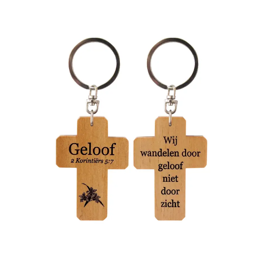 Sleutelhanger kruis hout Geloof 2 kor 5: