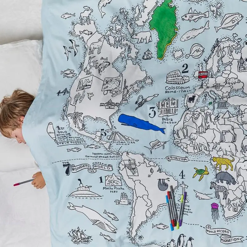 Dekbedovertrek wereld inkleurbaar